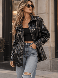 WOMEN'S LONG SLEEVE ZIPPER UP BUTTON CLOSURE PU PLEATHER JACKET