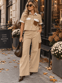 WOMEN'S SHORT SLEEVE BUTTON UP BLOUSE & ELASTIC WAIST WIDE LEG PANTS COLORBLOCK 2PC. SET