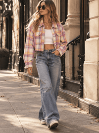 WOMEN'S LONG SLEEVE BUTTON UP FRONT POCKETS PLAID JACKET