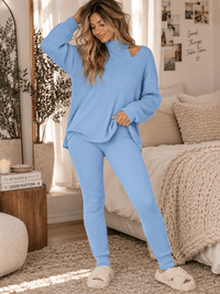 WOMEN'S LONG SLEEVE SWEATER WITH HALTER NECK TANK TOP & ELASTIC WAIST SKINNY LEG PANTS RIBBED 3PC. SET