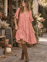 WOMEN'S SHORT SLEEVE BUTTON UP FRONT POCKETS FLORAL TUNIC MINI DRESS