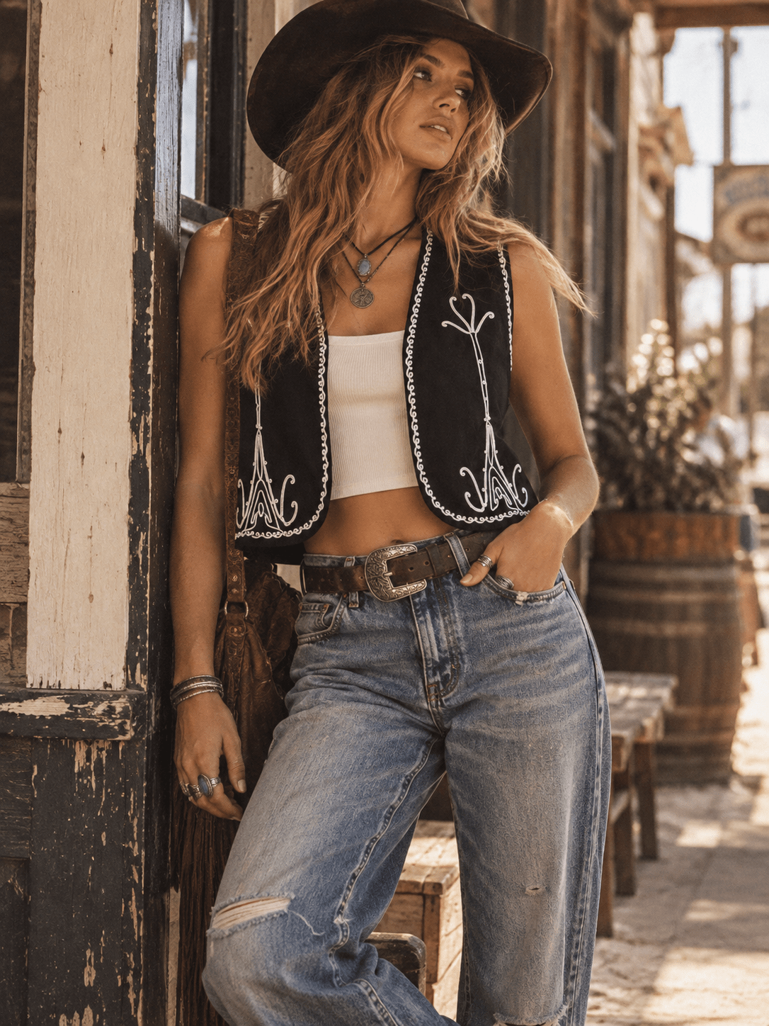 WOMEN'S SLEEVELESS OPEN FRONT EMBROIDERY DETAILED VEST