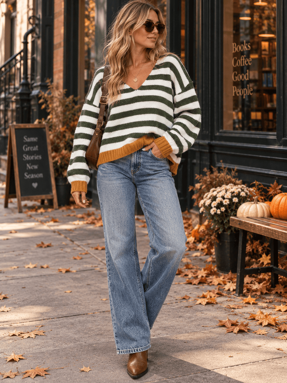 WOMEN'S LONG SLEEVE V-NECK COLORBLOCK STRIPES PULLOVER SWEATER