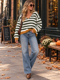 WOMEN'S LONG SLEEVE V-NECK COLORBLOCK STRIPES PULLOVER SWEATER