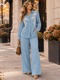 WOMEN'S LONG SLEEVE BUTTON UP BLOUSE & ELASTIC WAIST WIDE LEG PANTS EMBROIDERY DETAILED 2PC. SET