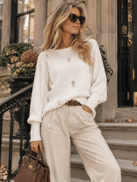 WOMEN'S LONG SLEEVE EMBROIDERY FLOWERS PULLOVER SWEATER