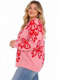 PLUS SIZE LONG SLEEVE BOWS GRAPHIC PULLOVER SWEATER