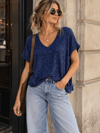 ENTRO WOMEN'S SHORT SLEEVE V-NECK LOOSE FIT SOLID TOP