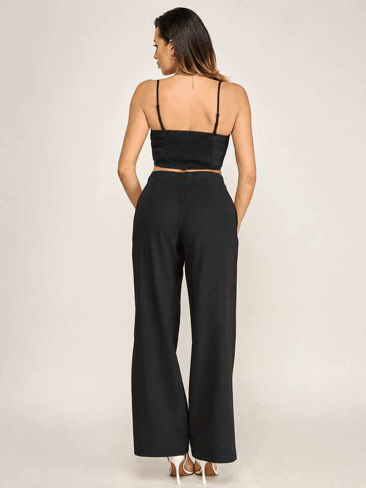 WOMEN'S SLEEVELESS SMOCK CROP TOP & BUTTON CLOSURE POCKETS WIDE LEG PANTS 2PC. SET