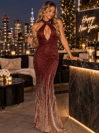 WOMEN'S SLEEVELESS CUT OUT HALTER NECK MULTI SEQUINS BODYCON MAXI DRESS