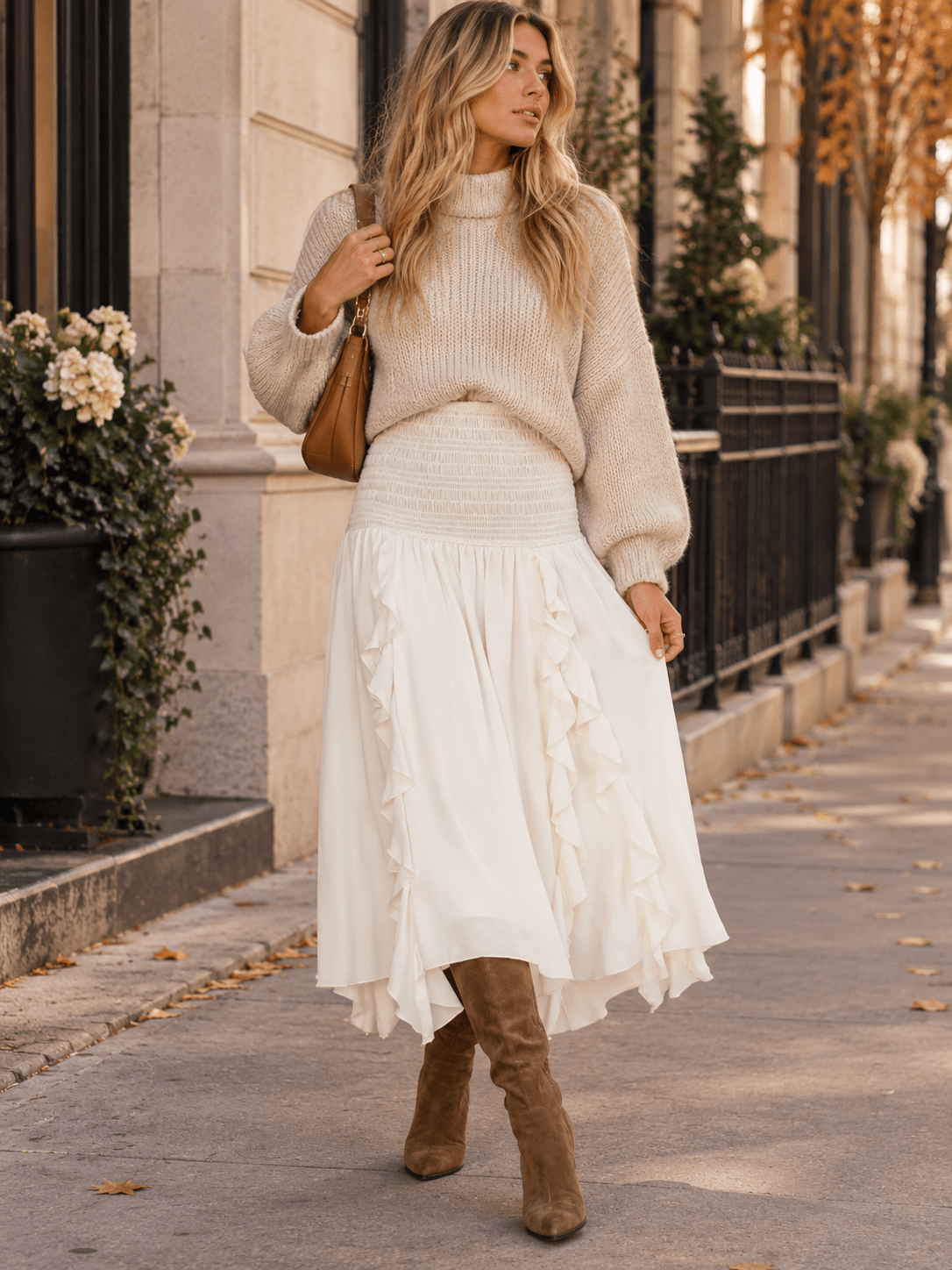 WOMEN'S SMOCK WAIST RUFFLE DETAILED MIDI SKIRT