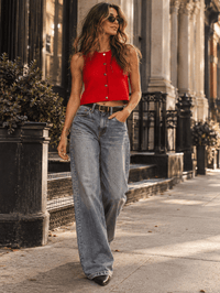 WOMEN'S SLEEVELESS BUTTON UP RIBBED BLOUSE