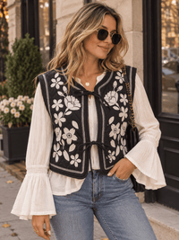 WOMEN'S SLEEVELESS FRONT TIE FLORAL EMBROIDERY PUFFER VEST