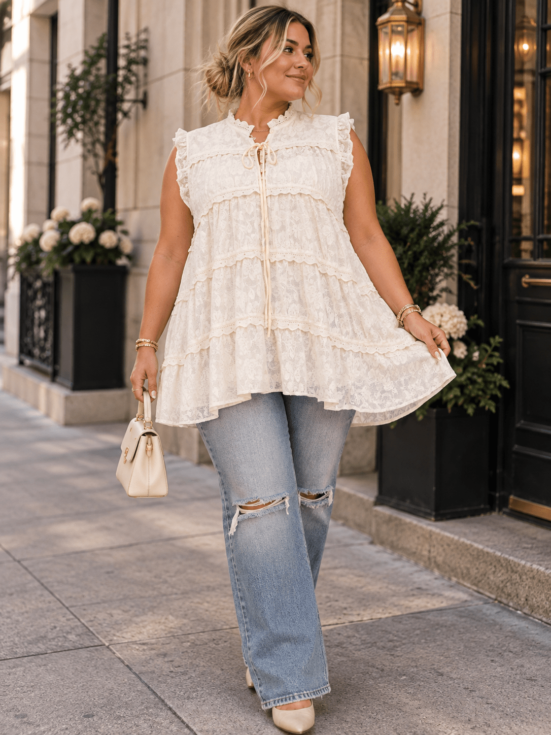 PLUS SIZE SLEEVELESS V-NECK TIERED LACE TUNIC MINI DRESS