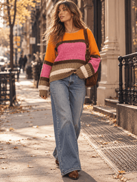WOMEN'S LONG SLEEVE COLORBLOCK STRIPES PULLOVER KNIT SWEATER