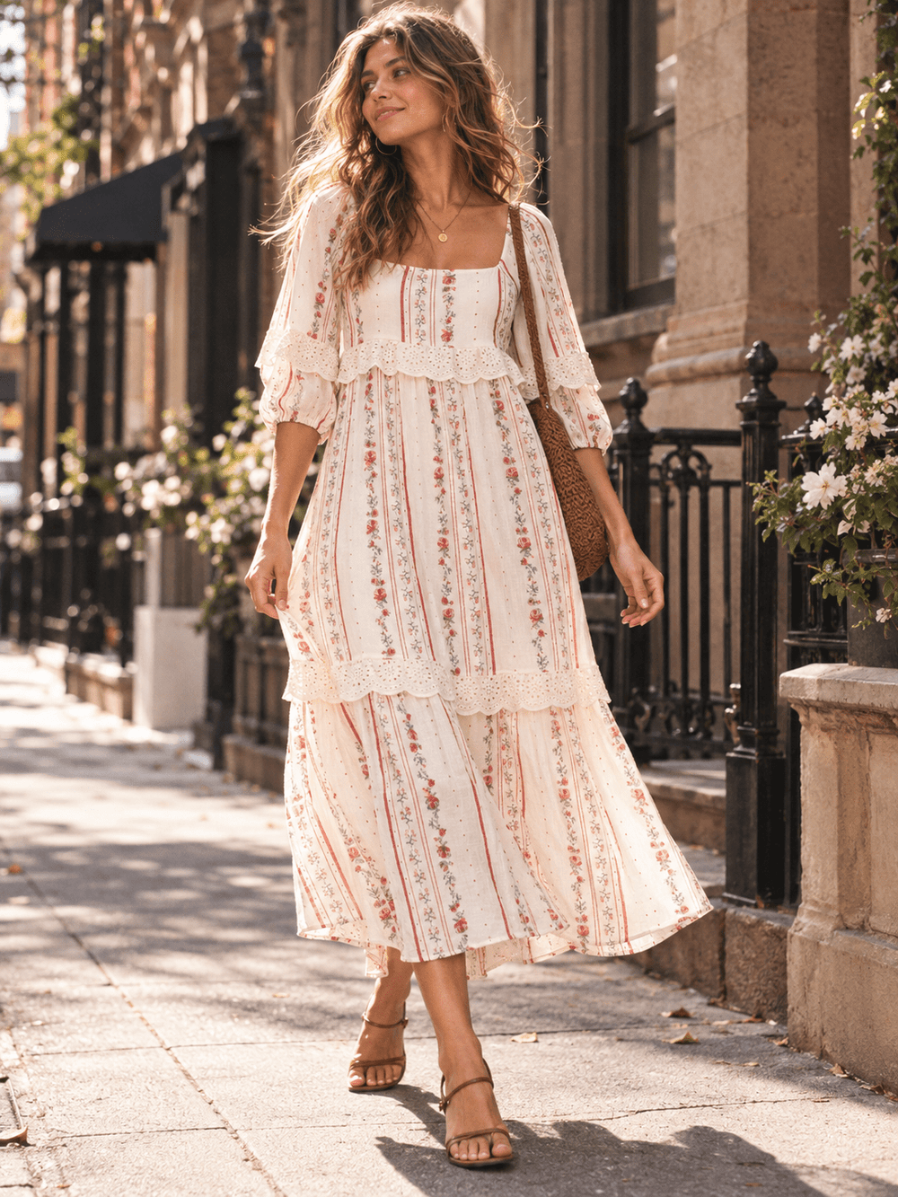 WOMEN'S SHORT PUFF SLEEVE SQUARE NECK SMOCK CROCHET TIERED FLORAL PRINT MAXI DRESS