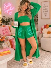 WOMEN'S LONG SLEEVE CARDIGAN WITH BANDEAU AND ELASTIC WAIST SHORTS KNIT 3PC. SET