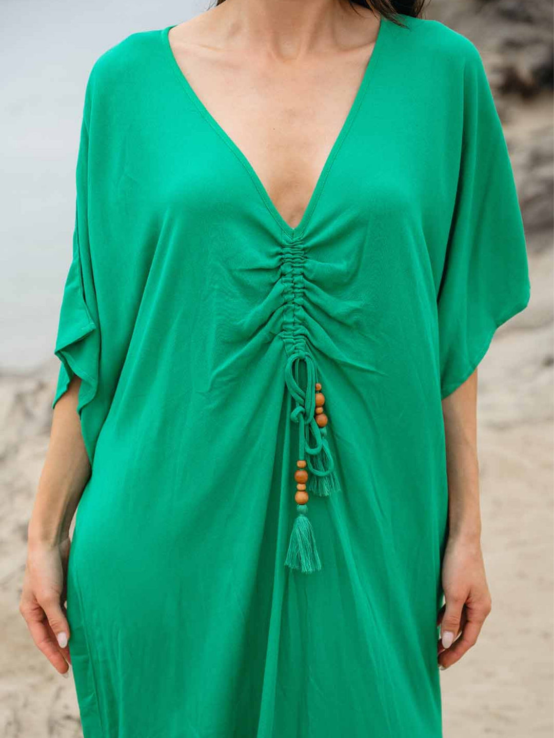 WOMEN'S SHORT SLEEVE V-NECK RUCHED TUNIC MAXI DRESS