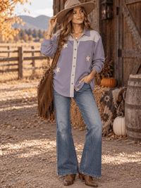 WOMEN'S LONG SLEEVE BUTTON UP COLORBLOCK STARS PRINT SHIRT