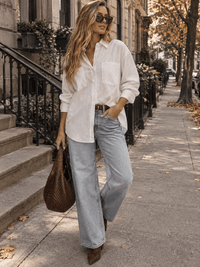 WOMEN'S LONG SLEEVE BUTTON UP FRONT POCKETS STRIPES SHIRT
