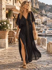 WOMEN'S SHORT SLEEVE V-NECK ELASTIC WAIST SIDE SLIT CROCHET TRIM MAXI DRESS