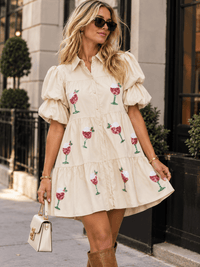 WOMEN'S SHORT PUFF SLEEVE BUTTON UP POCKETS TIERED PU PLEATHER MINI DRESS