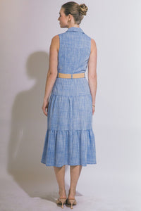 WOMEN'S SLEEVELESS BUTTON UP BELTED TIERED MIDI DRESS