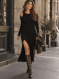 WOMEN'S LONG SLEEVE SIDE SLIT CUT OUT RIBBED BODYCON MIDI DRESS