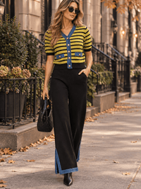 WOMEN'S SHORT SLEEVE V-NECK BLOUSE & ELASTIC WAIST WIDE LEG PANTS COLORBLOCK 2PC. SET