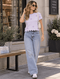 WOMEN'S SHORT SLEEVE COLORBLOCK STRIPES BOWS DETAILED BLOUSE