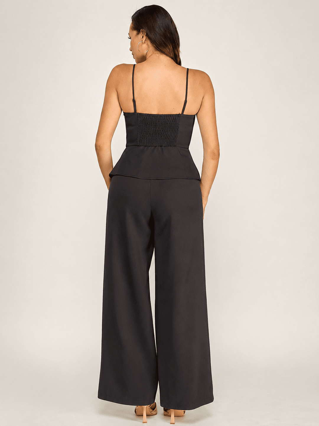 WOMEN'S SLEEVELESS V-NECK PEPLUM TOP & ZIP UP POCKETS WIDE LEG PANTS 2PC. SET
