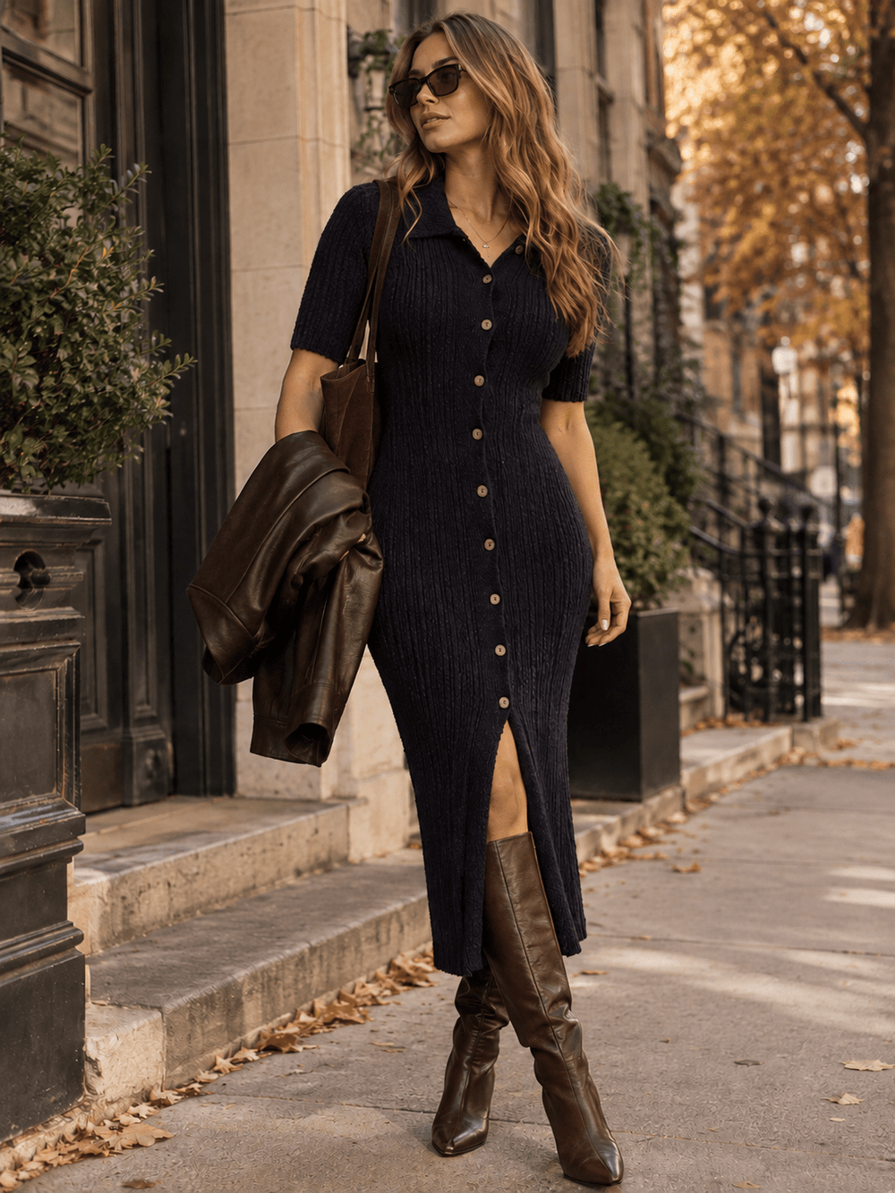 WOMEN'S SHORT SLEEVE BUTTON UP FRONT SLIT RIBBED BODYCON MAXI DRESS