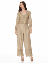WOMEN'S LONG SLEEVE BUTTON UP BLOUSE & ELASTIC WAIST WIDE LEG PANTS CROCHET DETAILED 2PC. SET