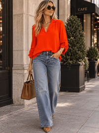 WOMEN'S LONG SLEEVE V-NECK HIGH-LOW SOLID BLOUSE