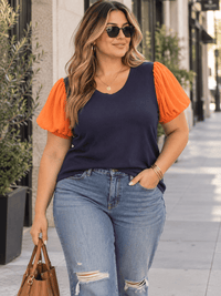 PLUS SIZE SHORT SLEEVE COLORBLOCK CONTRAST BLOUSE