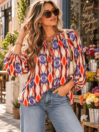 WOMEN'S 3/4 SLEEVE V-NECK MULTI PRINT TUNIC BLOUSE