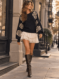 WOMEN'S LONG BALLOON SLEEVE FLORAL PRINT PULLOVER SWEATER