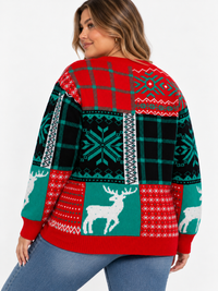 PLUS SIZE LONG SLEEVE HOLIDAY PRINT PULLOVER SWEATER