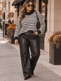 PLUS SIZE LONG SLEEVE TURTLE NECK COLORBLOCK STRIPES TOP