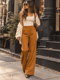 WOMEN'S ELASTIC WAIST FRONT POCKETS WIDE LEG PANTS