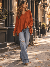 WOMEN'S LONG SLEEVE V-NECK BUTTON CLOSURE TUNIC TOP