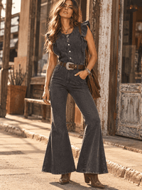 WOMEN'S RUFFLE SLEEVES BUTTON UP FRONT POCKETS BELL LEG DENIM JUMPSUIT