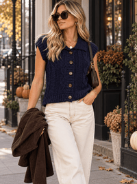 WOMEN'S SLEEVELESS BUTTON UP KNIT SWEATER TOP