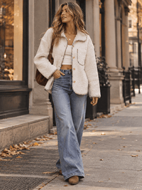 WOMEN'S LONG SLEEVE BUTTON CLOSURE FRONT POCKET FLORAL SHERPA JACKET