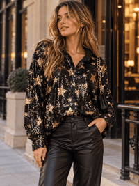 WOMEN'S LONG SLEEVE BUTTON UP STARS SEQUINS TOP