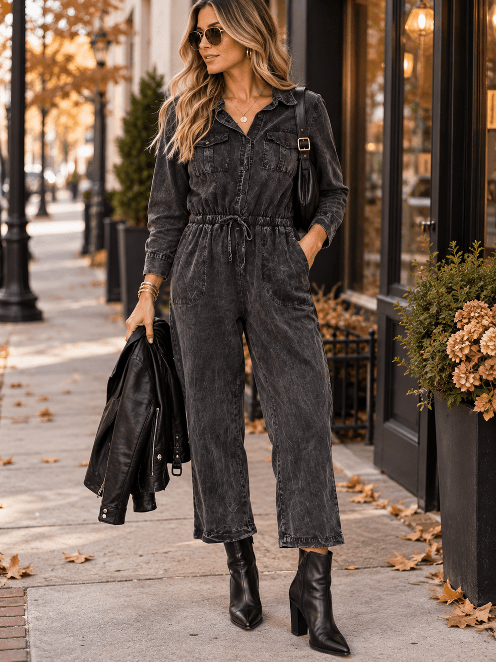 WOMEN'S LONG SLEEVE BUTTON UP POCKETS SELF TIE STRAIGHT LEG WASHED CHAMBRAY JUMPSUIT