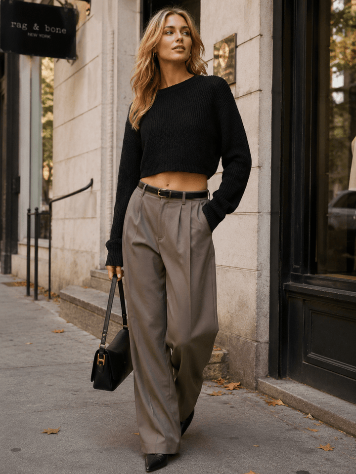 WOMEN'S LONG SLEEVE KNIT PULLOVER CROP SWEATER