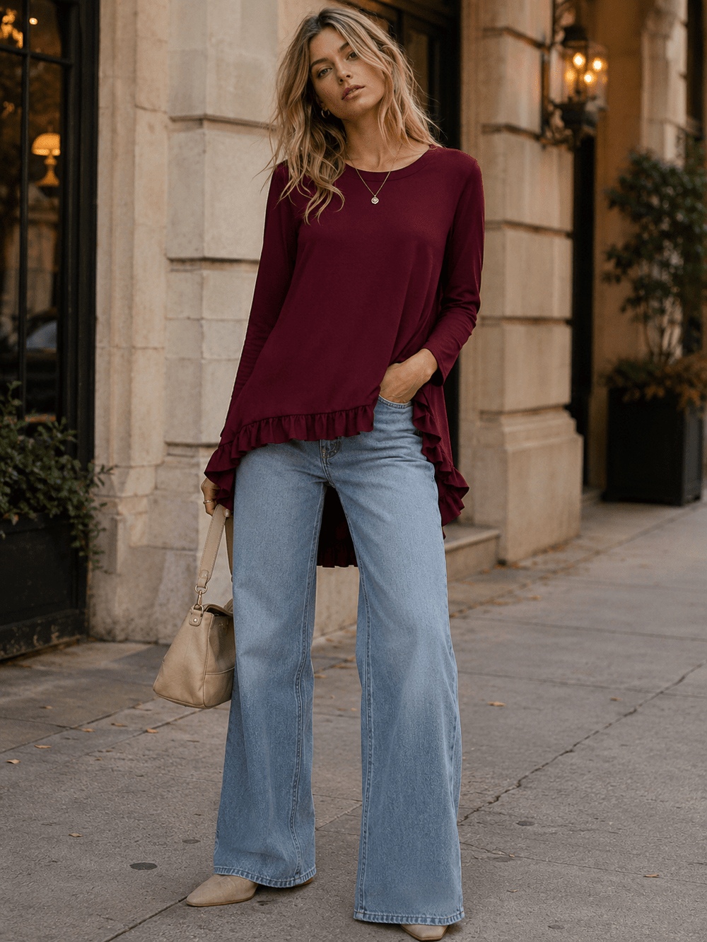 WOMEN'S 3/4 SLEEVES RUFFLE BOTTOM HEM TUNIC HIGH-LOW TOP