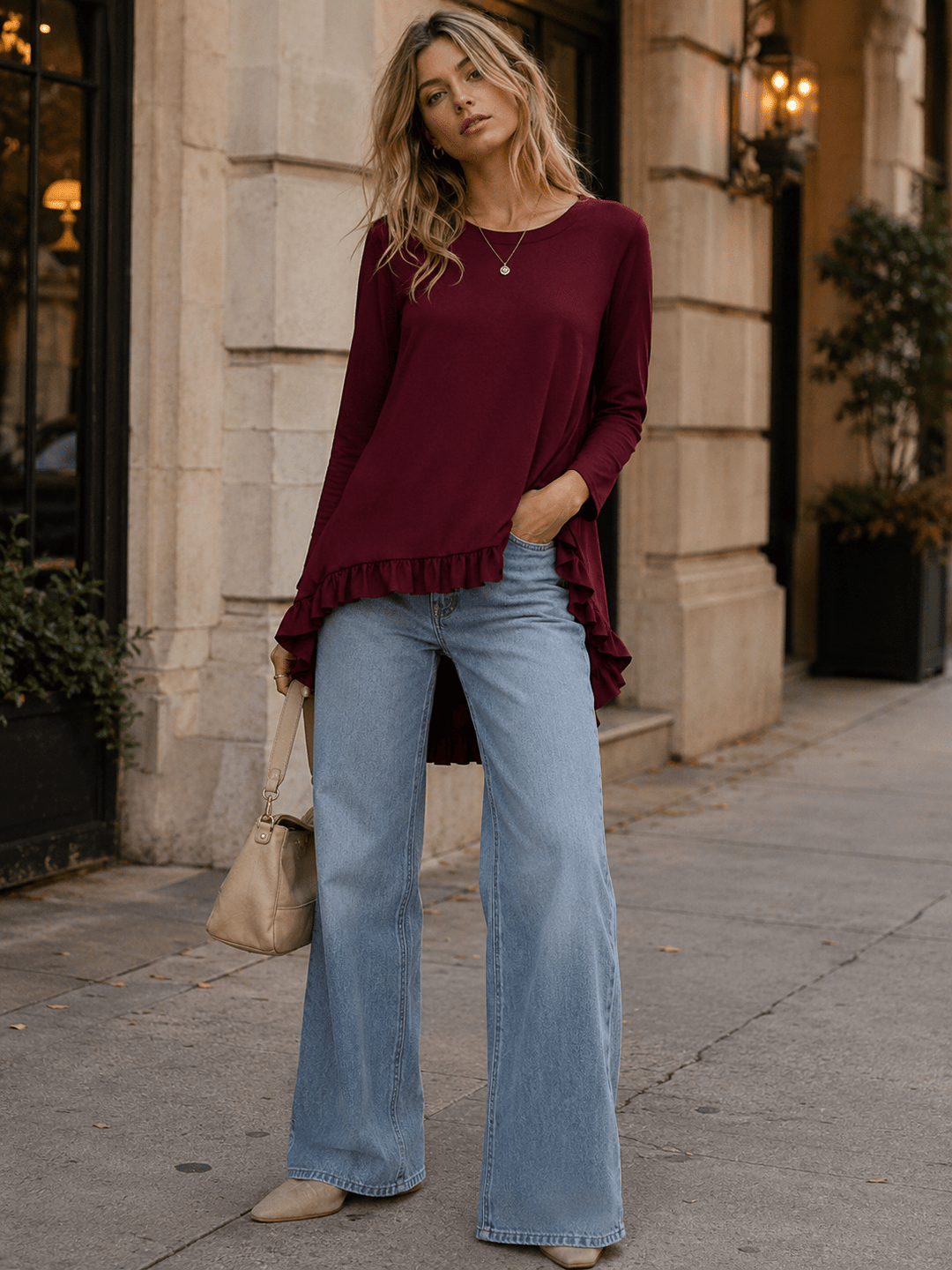 WOMEN'S 3/4 SLEEVES RUFFLE BOTTOM HEM TUNIC HIGH-LOW TOP