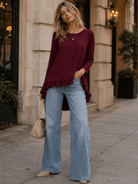 WOMEN'S 3/4 SLEEVES RUFFLE BOTTOM HEM TUNIC HIGH-LOW TOP